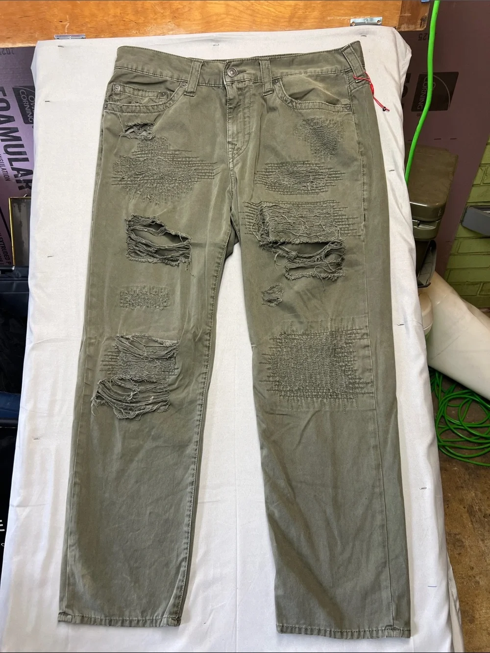 True Religion Olive Green Straight Jeans with Distressed Patchwork